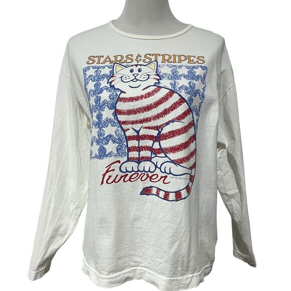 Vintage 90s Y2K Women’s Cat T Shirt Stars Stripes USA Flag Alore Cotton White L - Picture 1 of 9